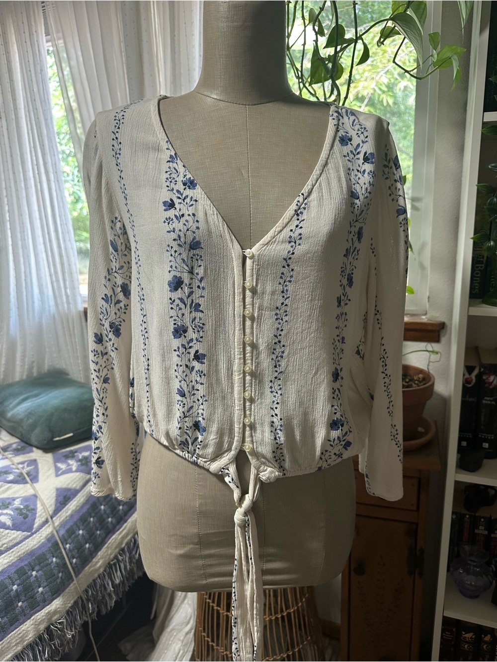 American Eagle Outfitters Cream Blouse with Blue Floral Stripe